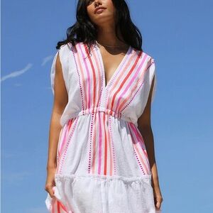 LemLem Eshe Flutter Dress Coverup in White with Pink